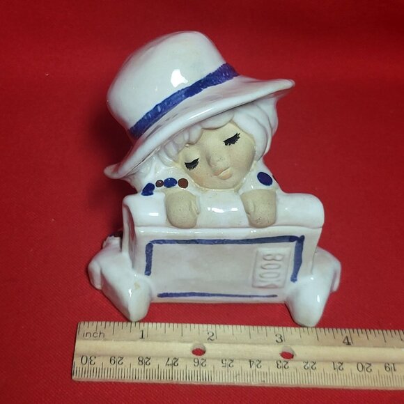 Vintage UCTCI Sitting Girl Hat Book Figurine Incense Stick Holder Ceramic Japan - Picture 9 of 12
